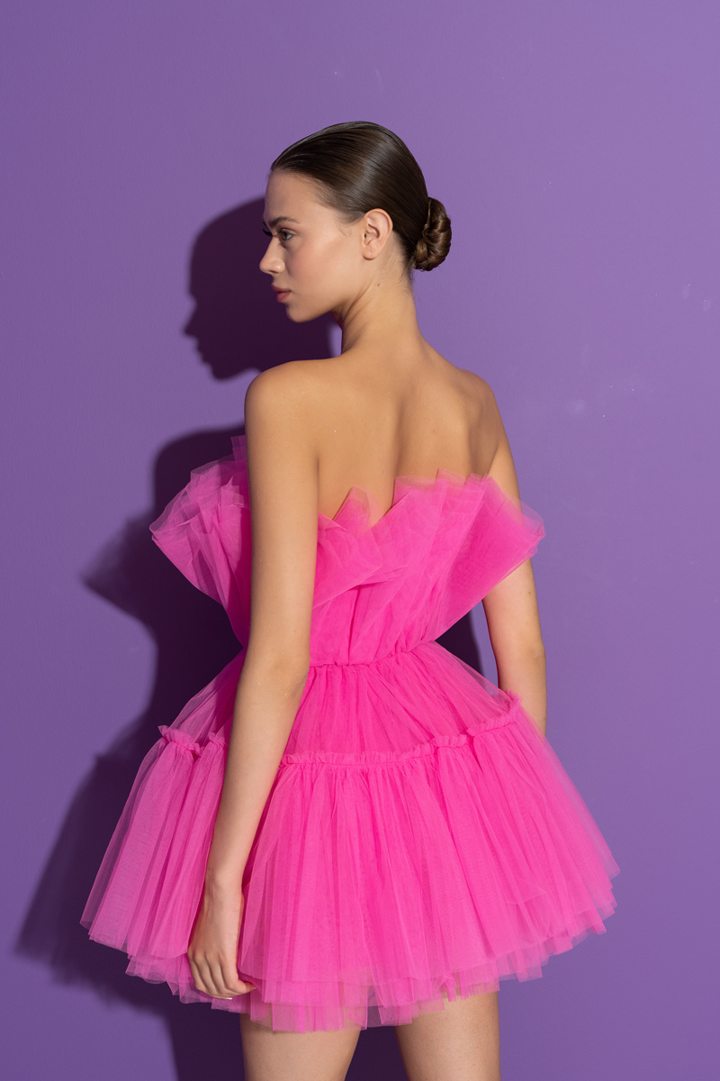 New Fuschia Off The Shoulder Mini Tulle Dress