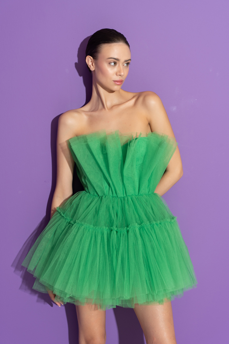 Kelly Green Off The Shoulder Mini Tulle Dress