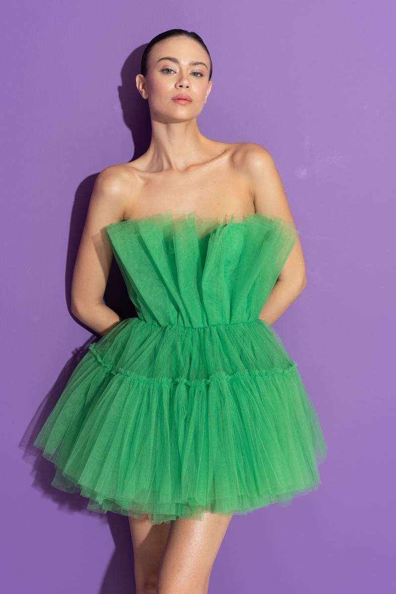 Kelly Green Off The Shoulder Mini Tulle Dress