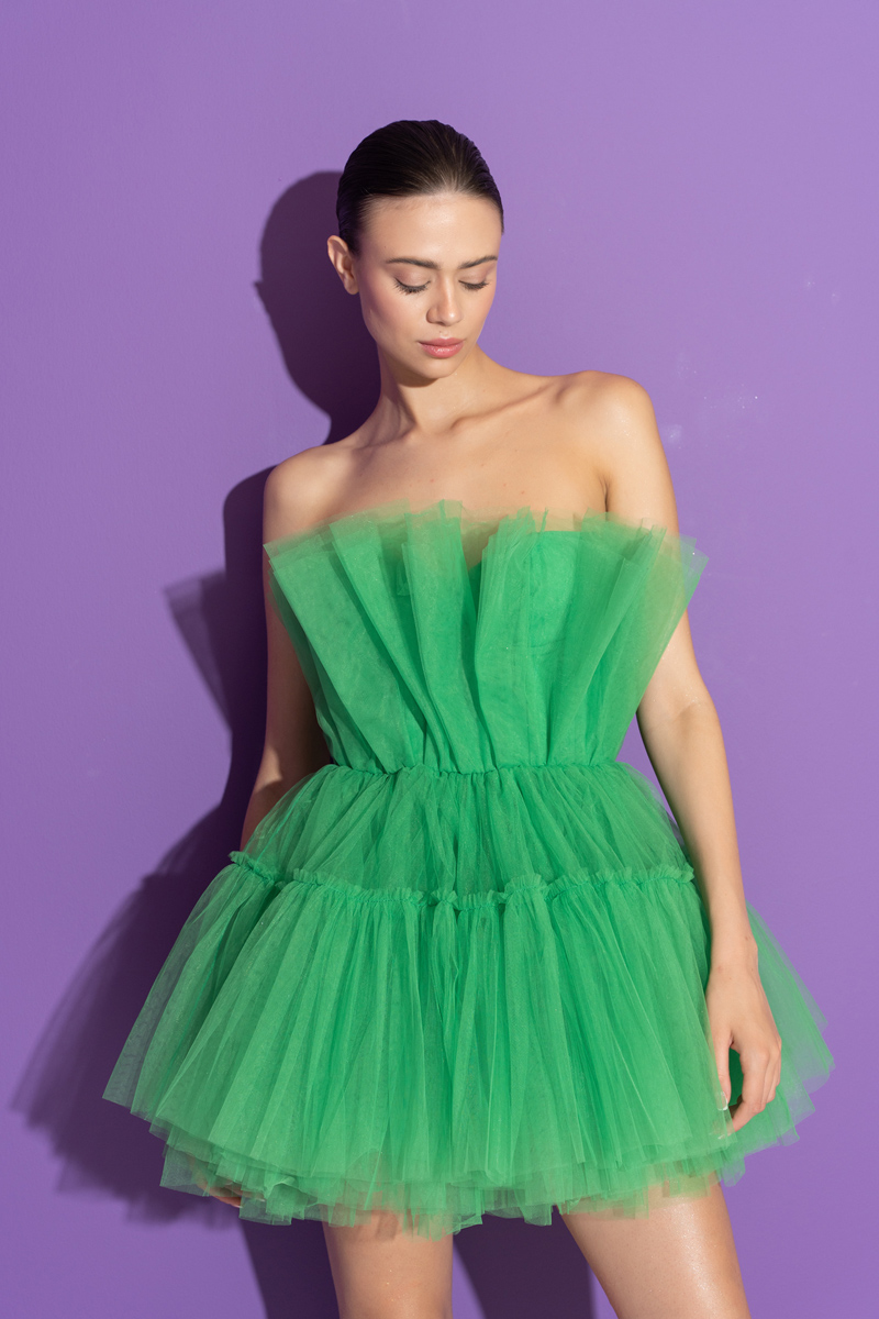 Kelly Green Off The Shoulder Mini Tulle Dress