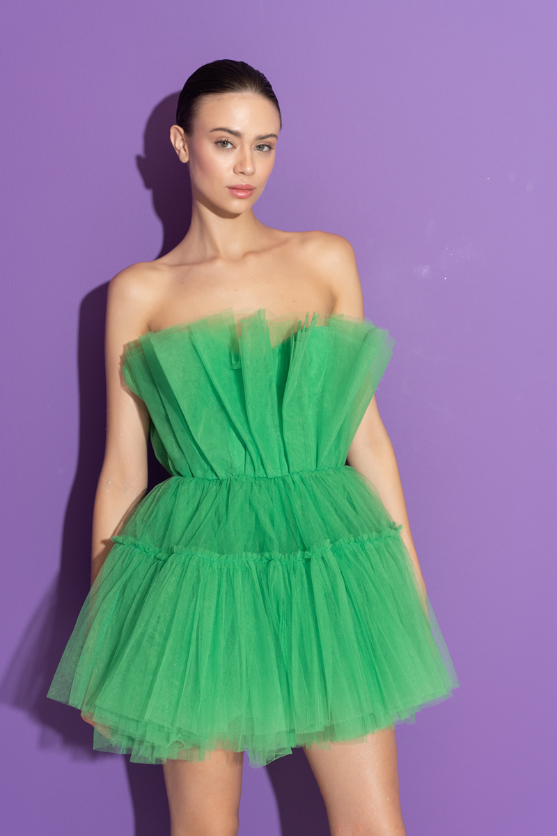Kelly Green Off The Shoulder Mini Tulle Dress