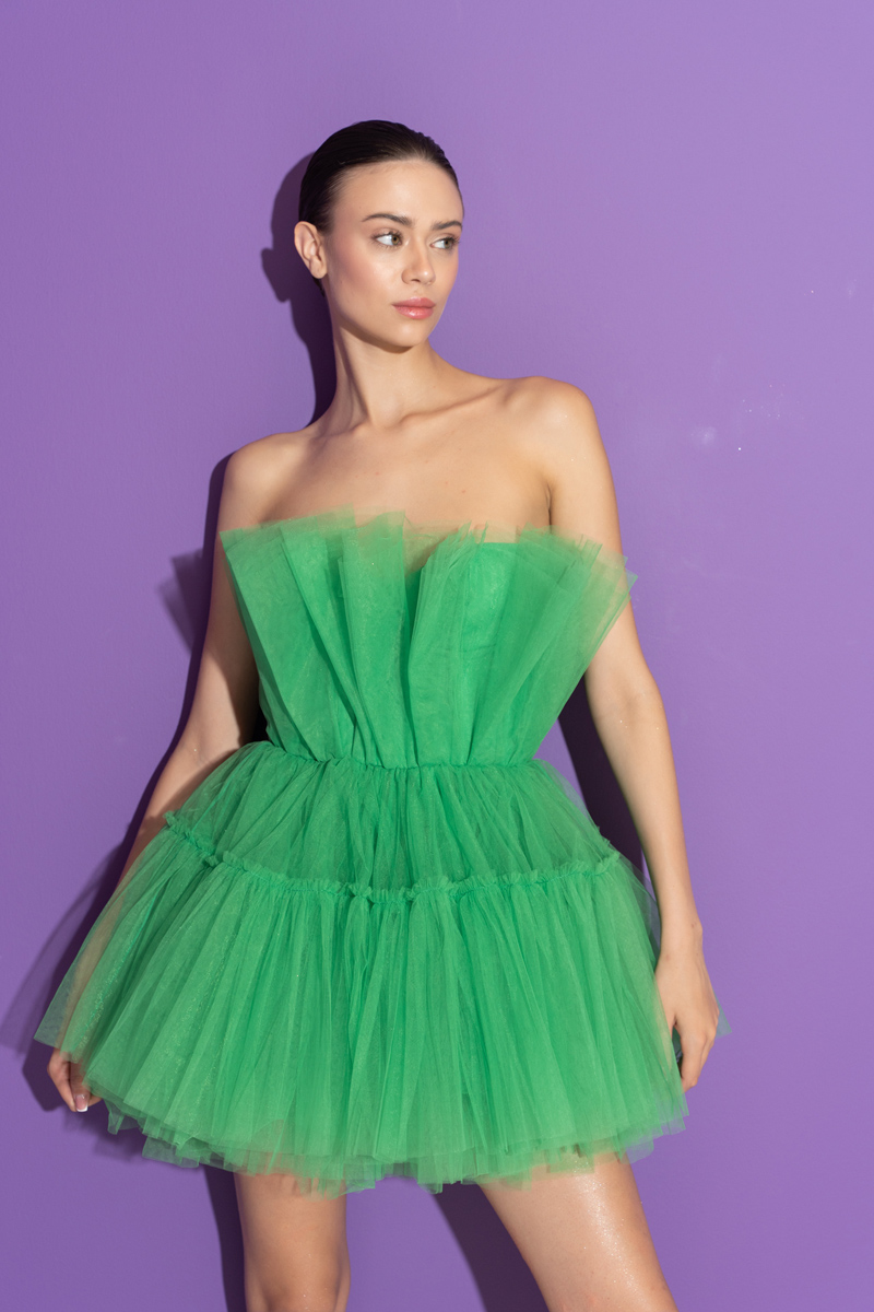 Kelly Green Off The Shoulder Mini Tulle Dress