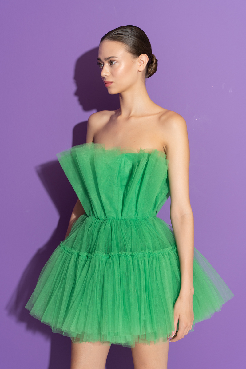 Kelly Green Off The Shoulder Mini Tulle Dress