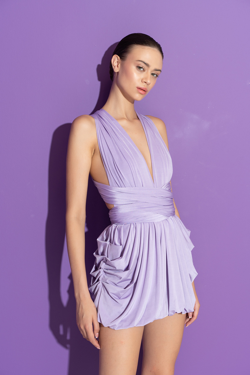 Wholesale New Lilac Multi-Tie Ruched Mini Dress