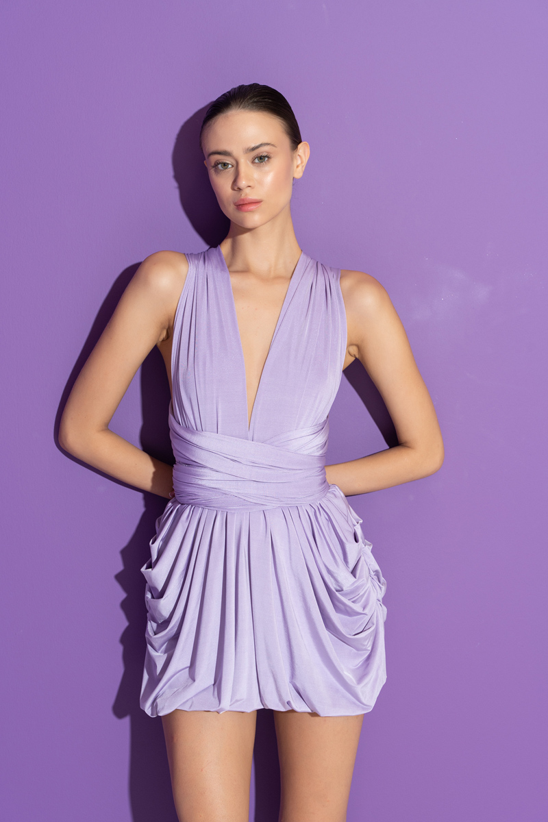New Lilac Multi-Tie Ruched Mini Dress