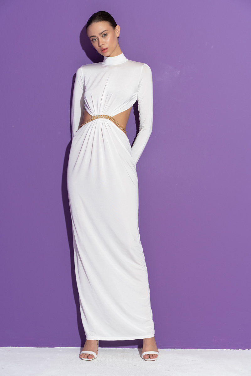 Offwhite Cut Out Chain Waist Maxi Dress