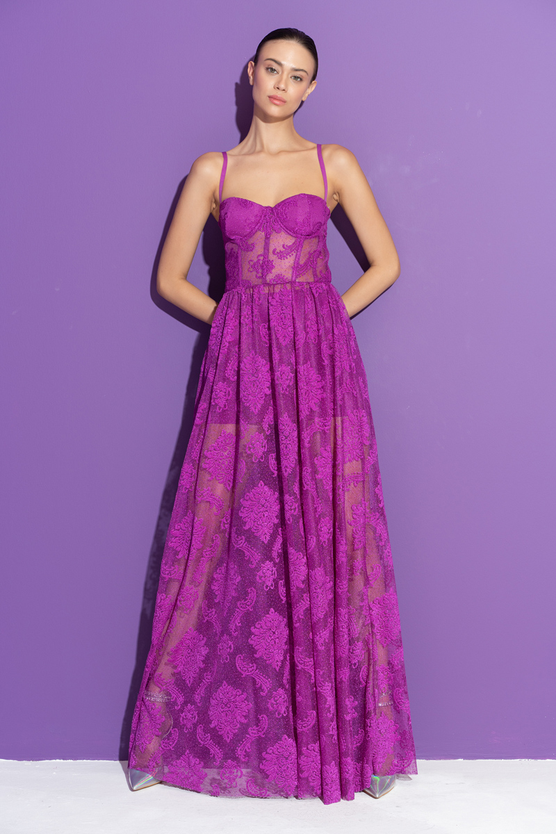 Magenta Embroidered Mesh Cami Maxi Dress