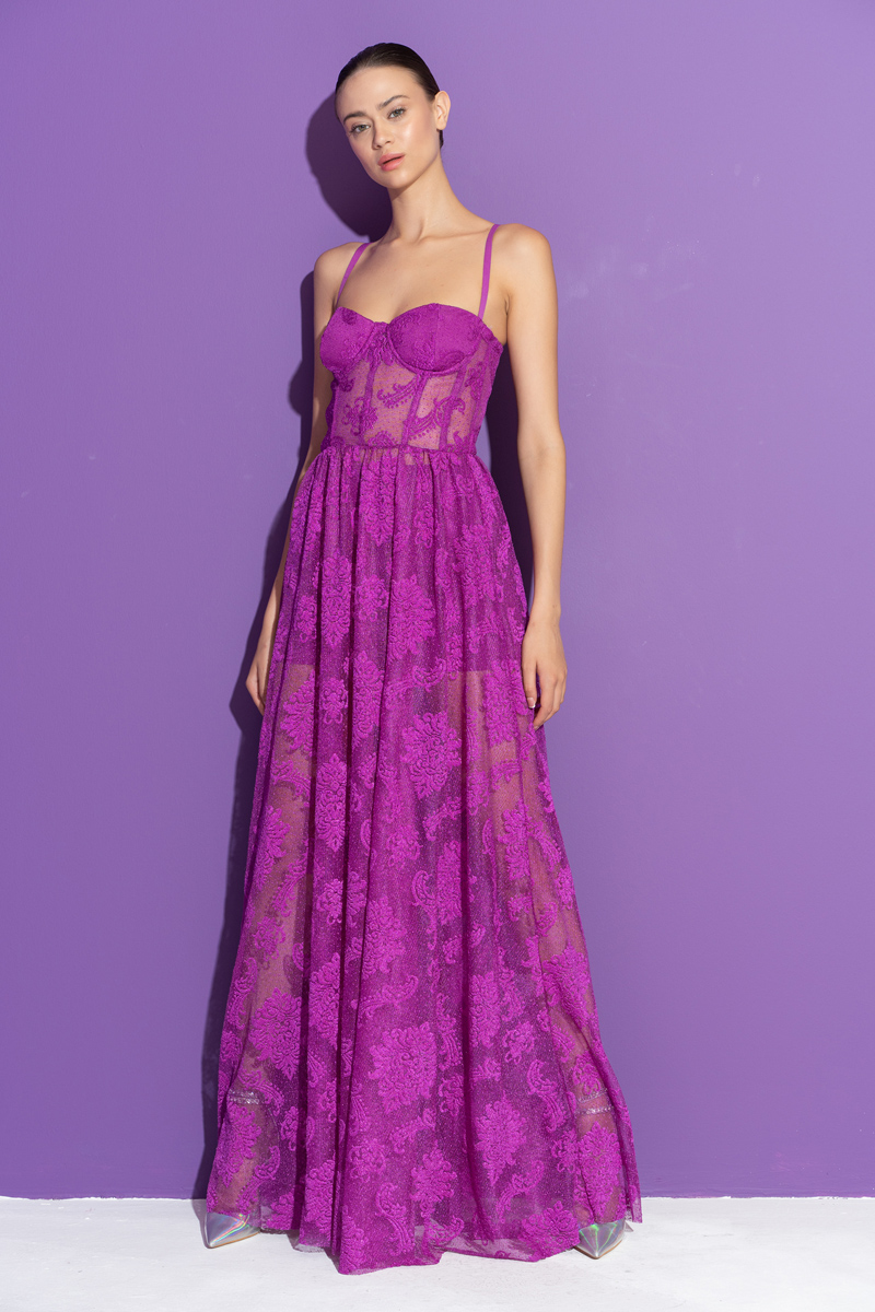 Magenta Embroidered Mesh Cami Maxi Dress