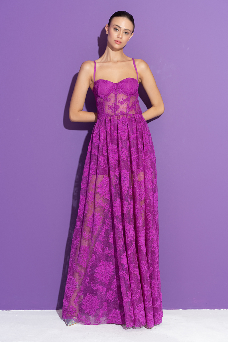 Magenta Embroidered Mesh Cami Maxi Dress