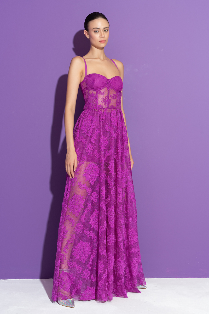 Magenta Embroidered Mesh Cami Maxi Dress