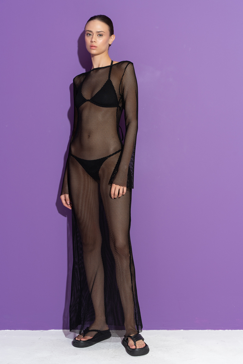 Siyah Üçgen Bikini Takımlı File Elbise