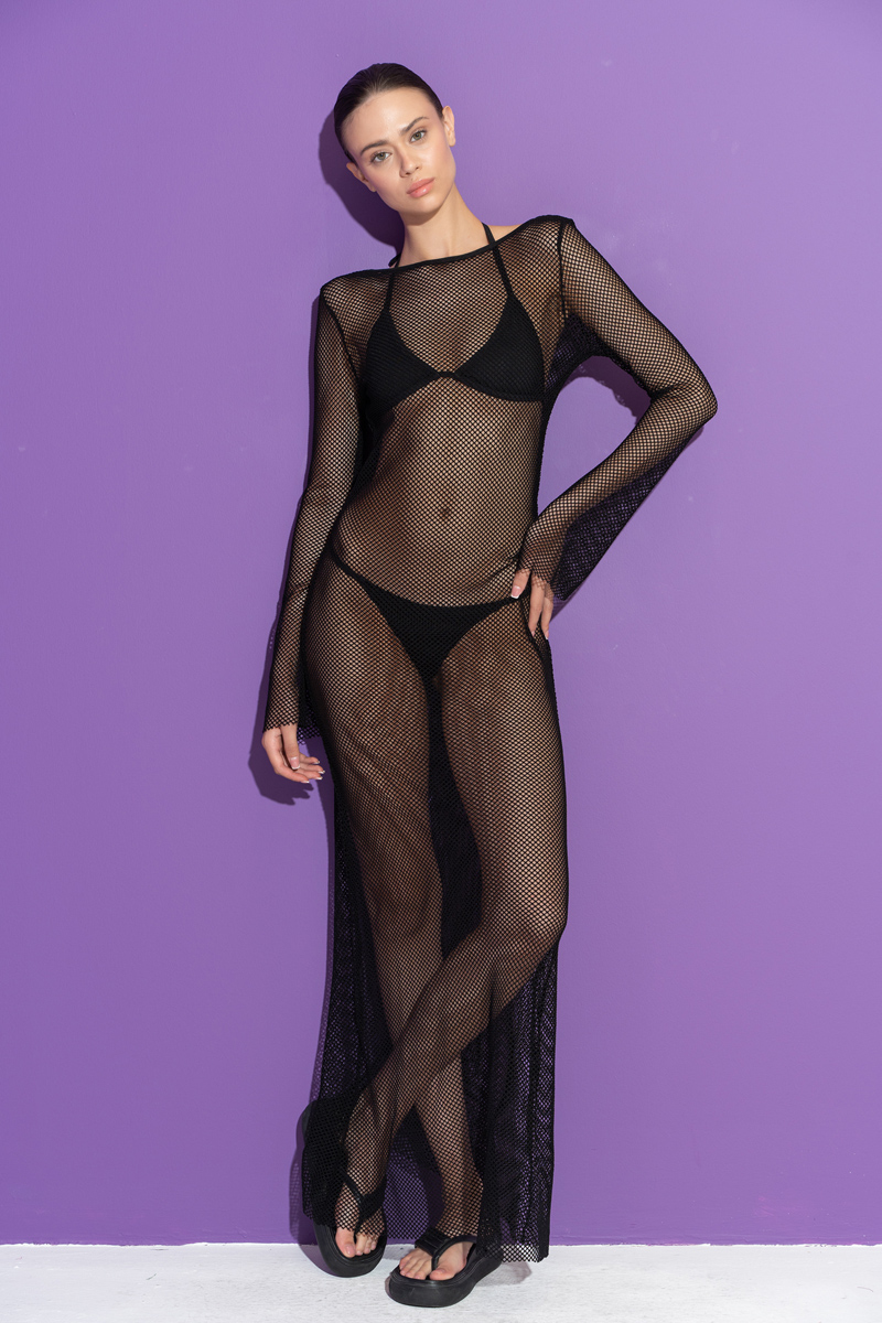 Black Net Dress with Triangle Bikini Set