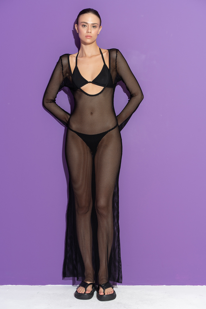 Siyah Üçgen Bikini Takımlı File Elbise