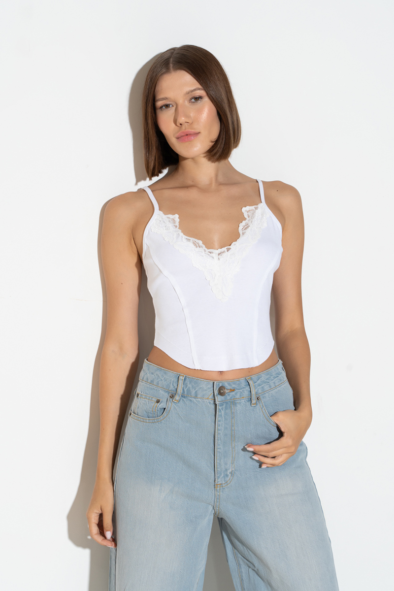 Toptan Off white Askılı Dantelli Crop Atlet