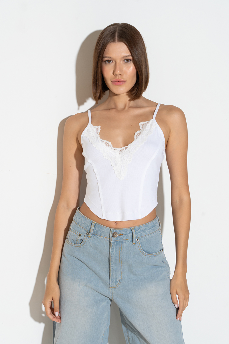 Toptan Off white Askılı Dantelli Crop Atlet