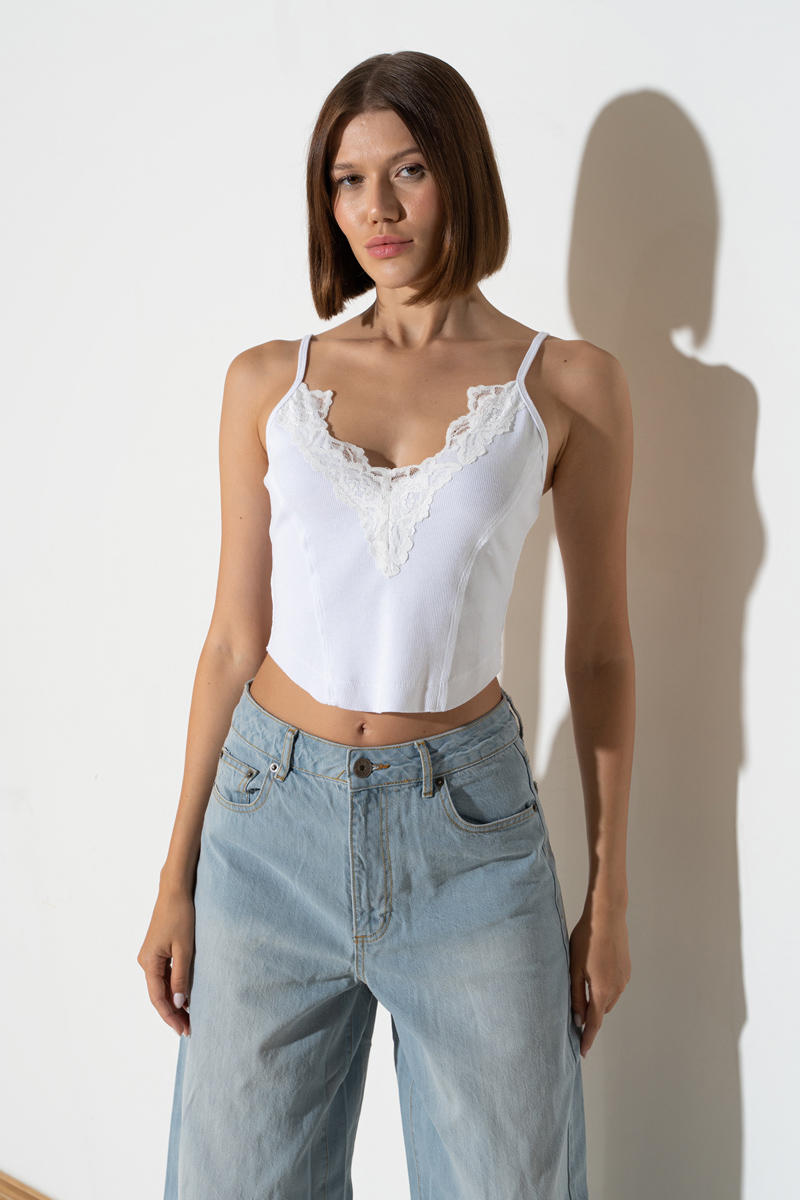 Wholesale Offwhite Lace-Insert Crop Cami