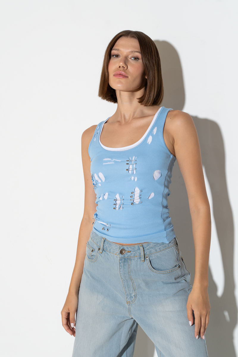 Wholesale Ice Blue Distressed Tank Top