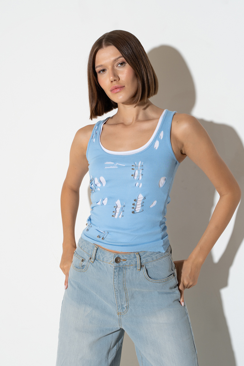 Wholesale Ice Blue Distressed Tank Top