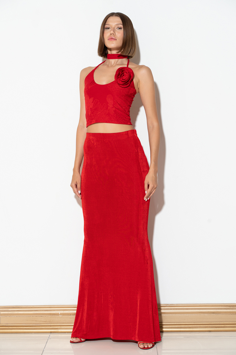 Wholesale Red Self-Tie Rose-Accent Crop Top