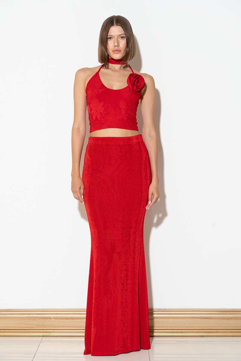 Wholesale Red Self-Tie Rose-Accent Crop Top