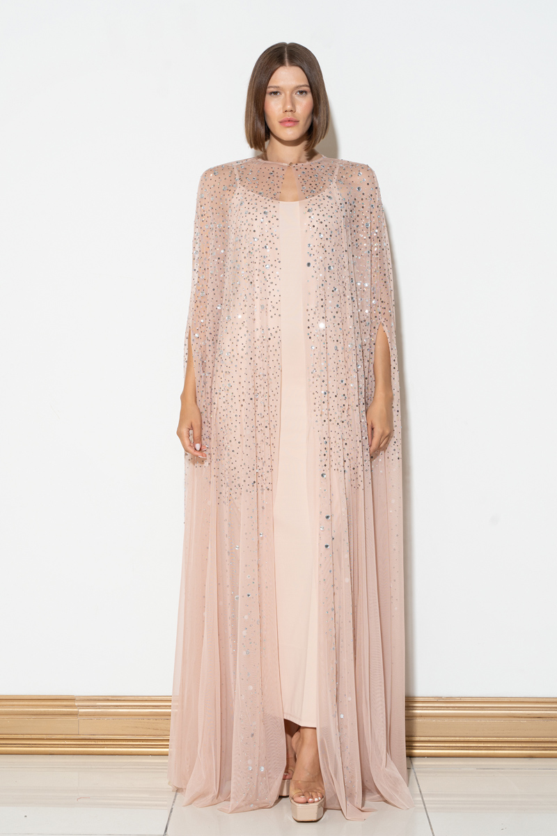 Embellished Mesh Cape in Nude