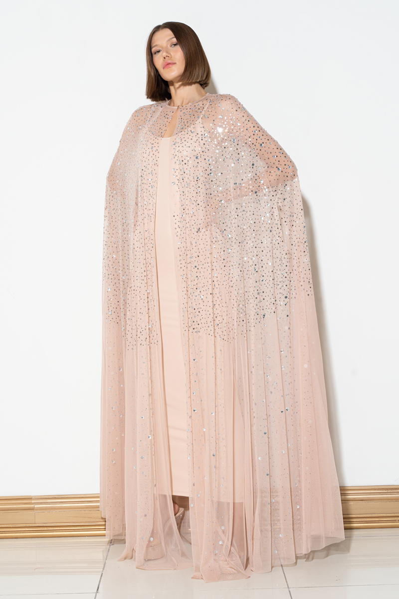 Embellished Mesh Cape in Nude