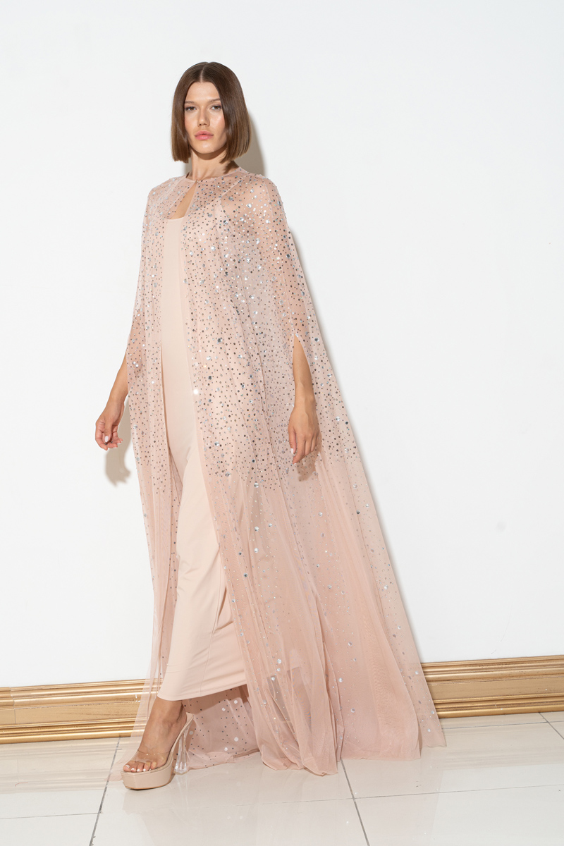 Wholesale Embellished Mesh Cape in Nude