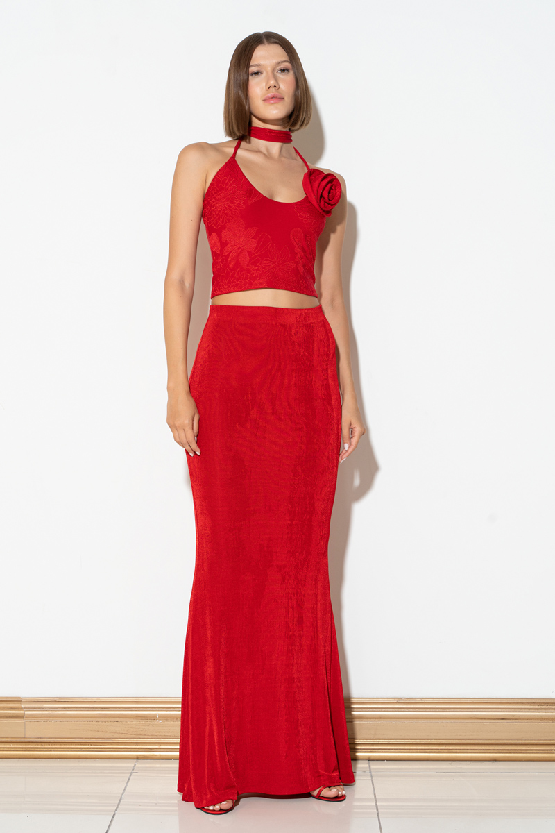 Wholesale Red Elastic Waistband Maxi Skirt