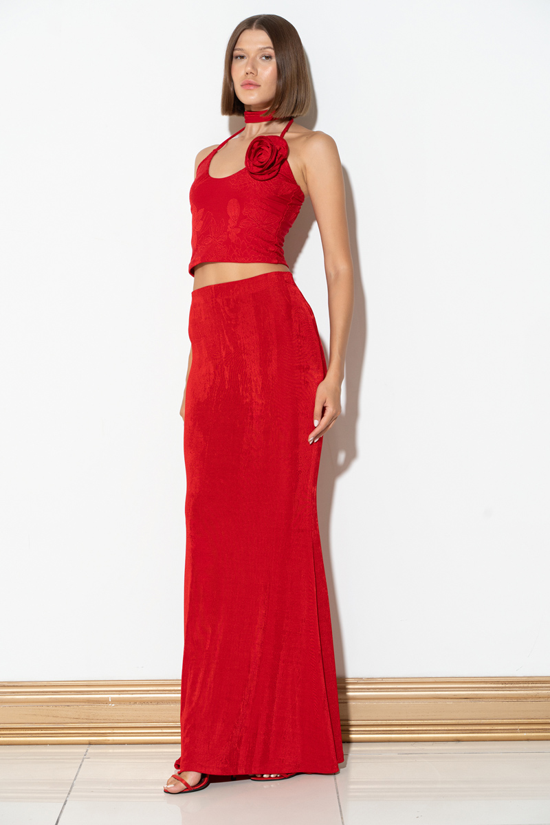 Wholesale Red Elastic Waistband Maxi Skirt