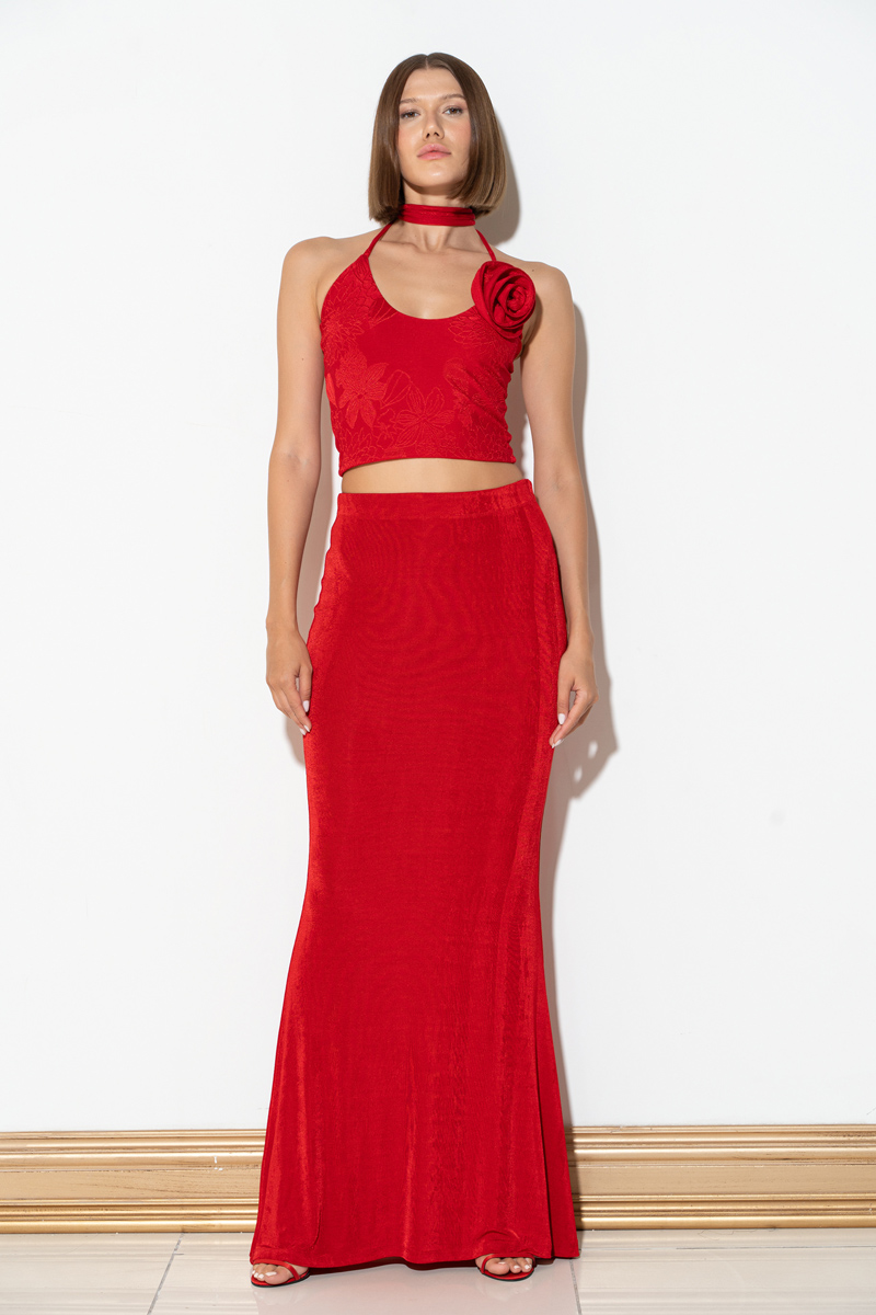 Red Elastic Waistband Maxi Skirt