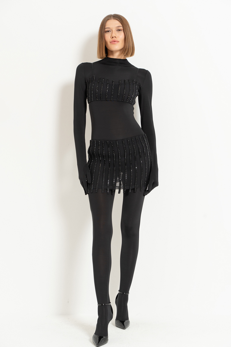 Wholesale Black Embellished Crop Net Top & Skirt with Shorts