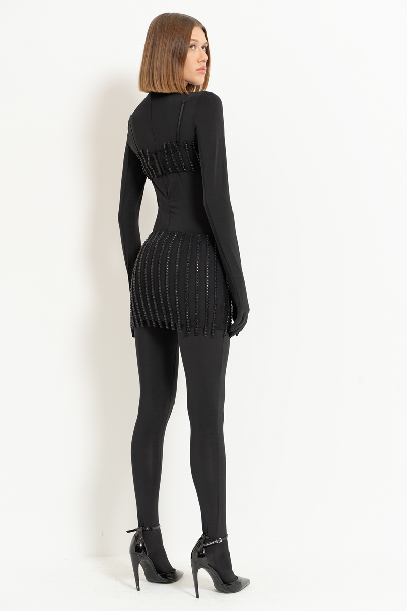 Black Embellished Crop Net Top & Skirt with Shorts