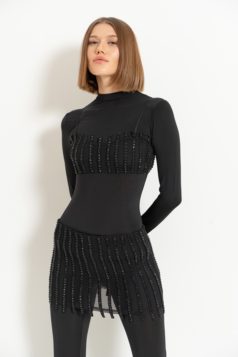 Wholesale Black Embellished Crop Net Top & Skirt with Shorts