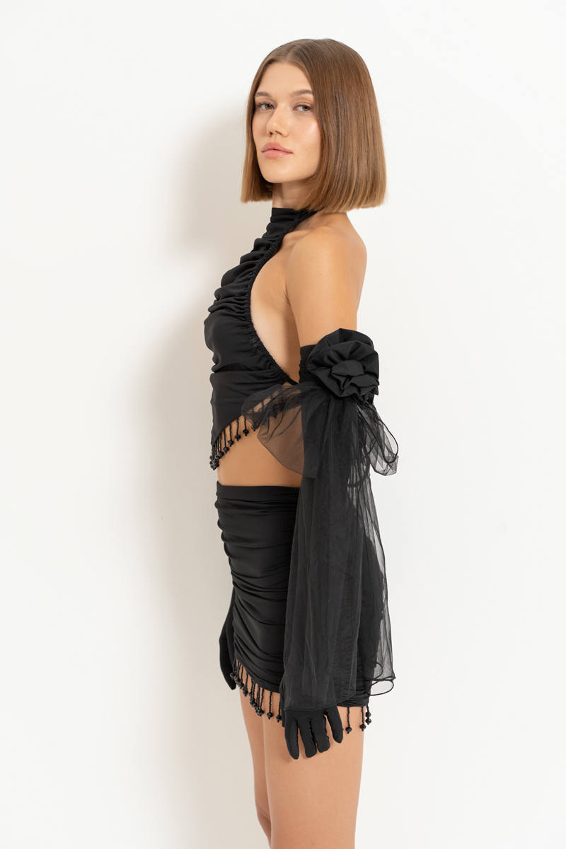 Black Embellished-Hem Top with Gloves & Mini Skirt Set