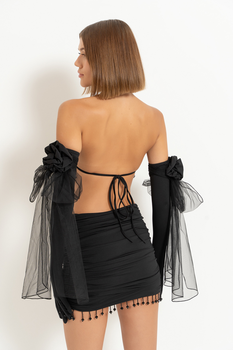 Black Embellished-Hem Top with Gloves & Mini Skirt Set