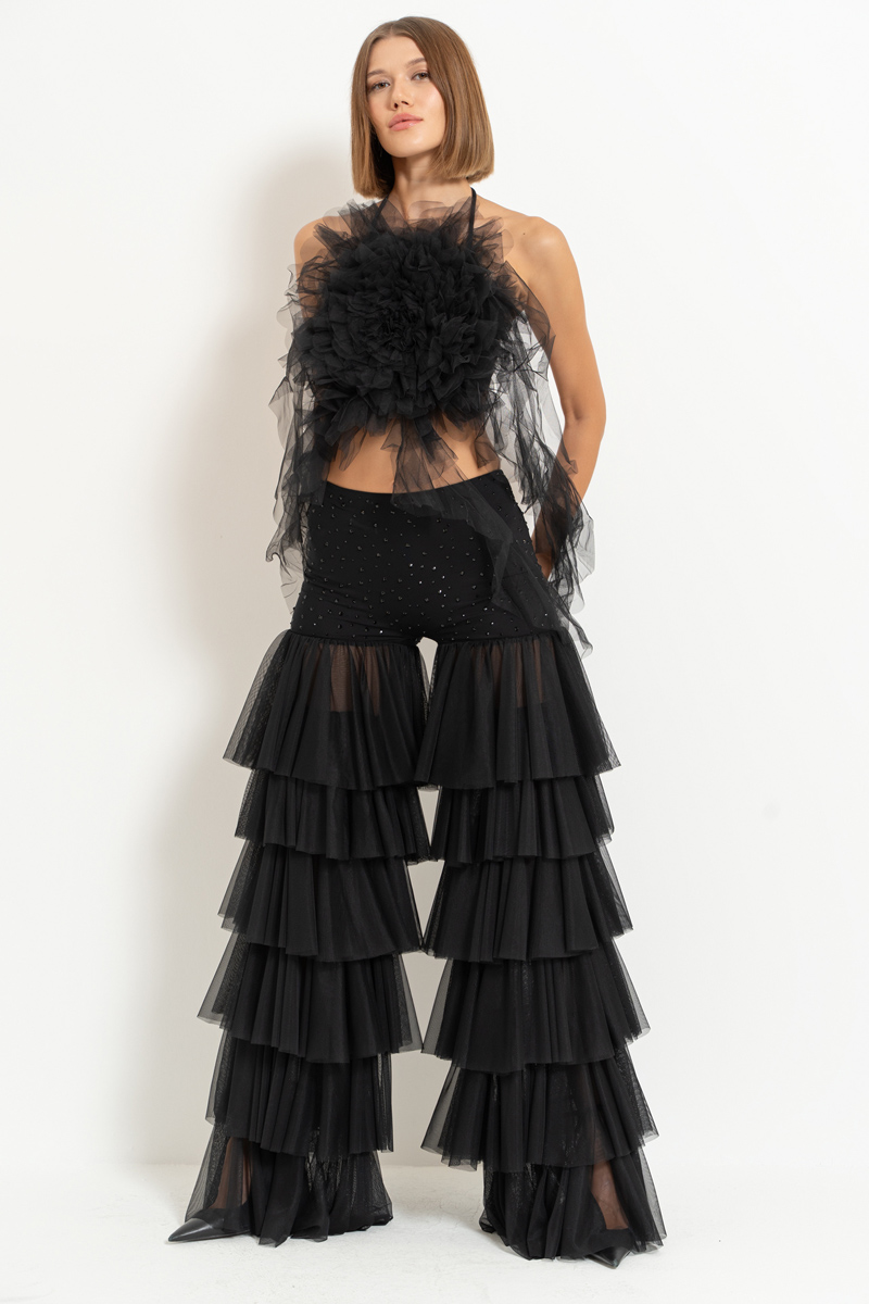 Black Tiered-Ruffle Embellished Pants
