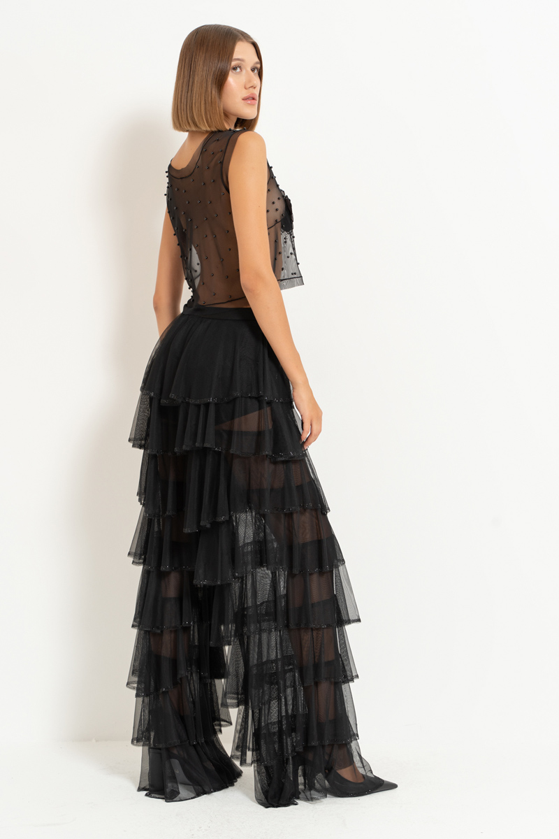 Wholesale Black Embellished Tiered-Ruffle Pants