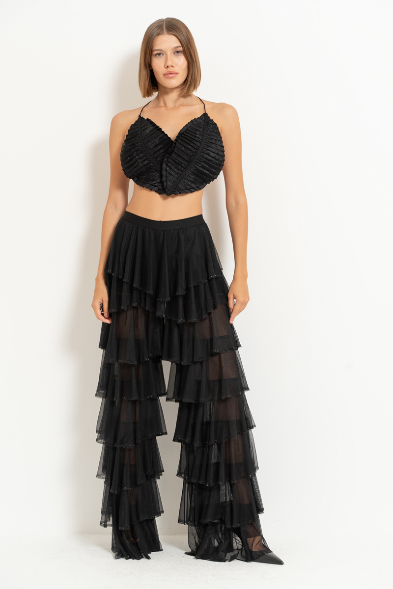 Black Embellished Tiered-Ruffle Pants