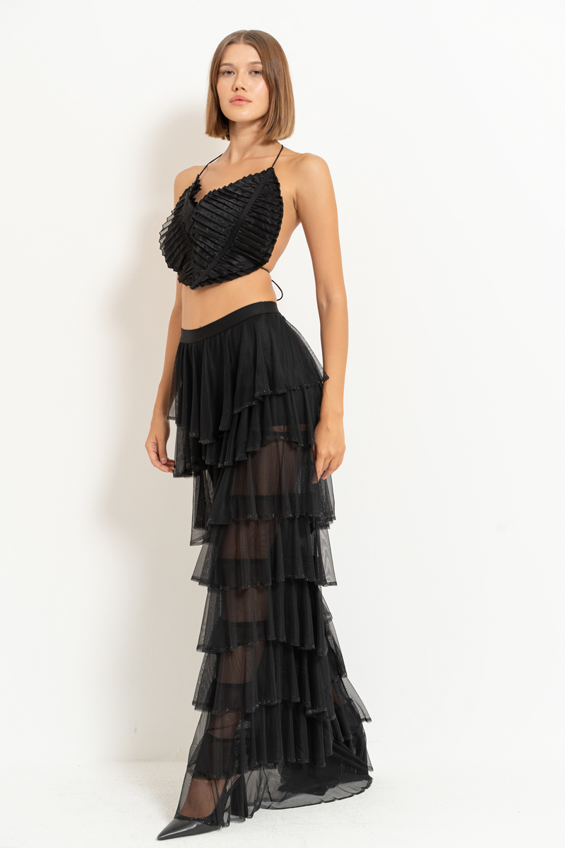 Black Embellished Tiered-Ruffle Pants