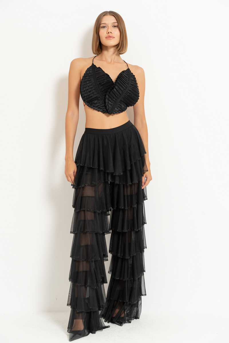 Wholesale Black Embellished Tiered-Ruffle Pants