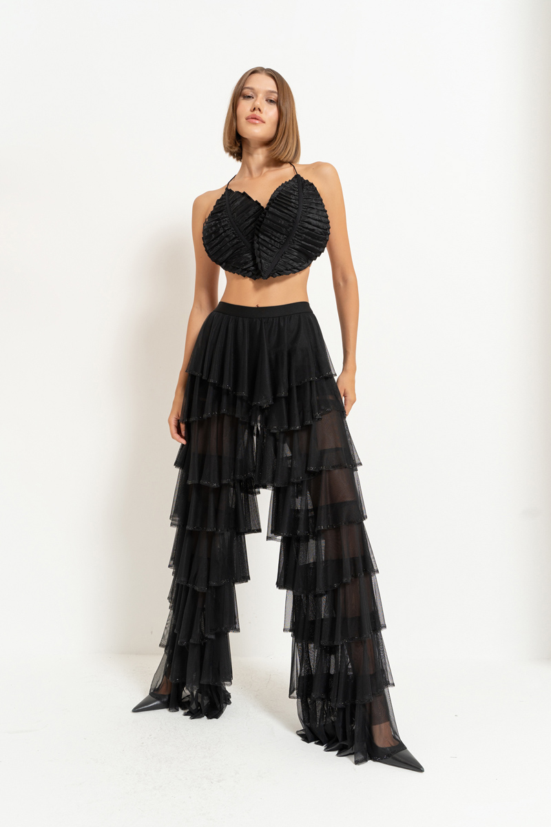 Black Embellished Tiered-Ruffle Pants