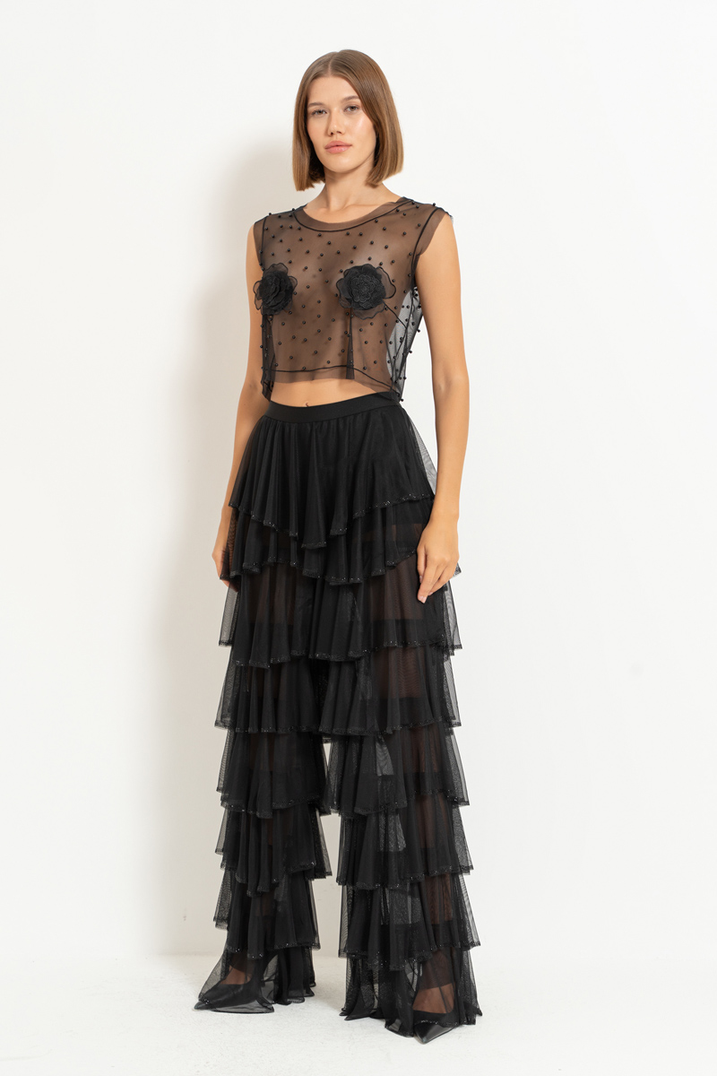 Black Embellished Tiered-Ruffle Pants