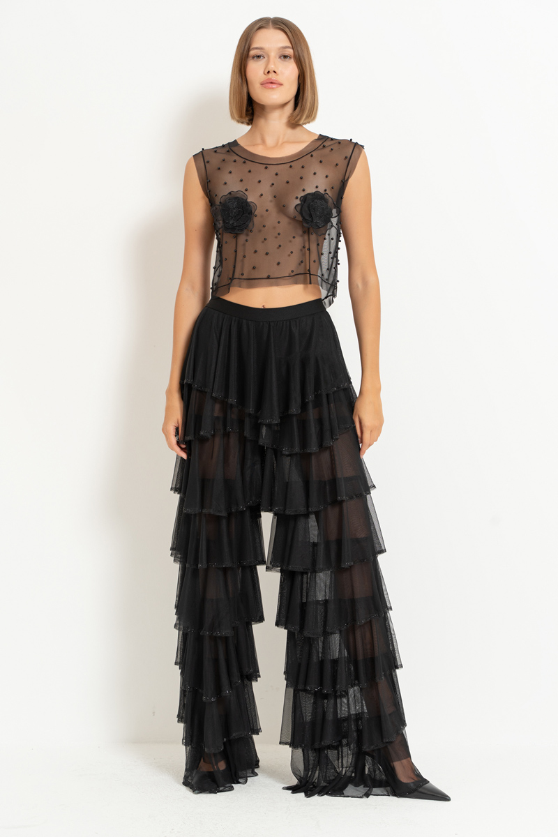 Black Embellished Tiered-Ruffle Pants