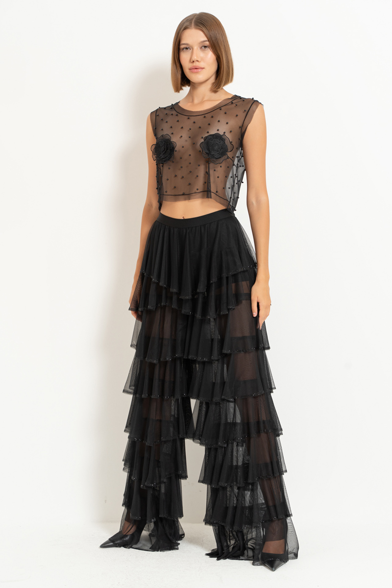 Black Embellished Tiered-Ruffle Pants