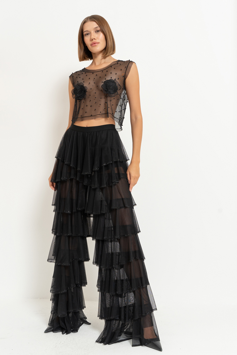 Wholesale Black Embellished Tiered-Ruffle Pants