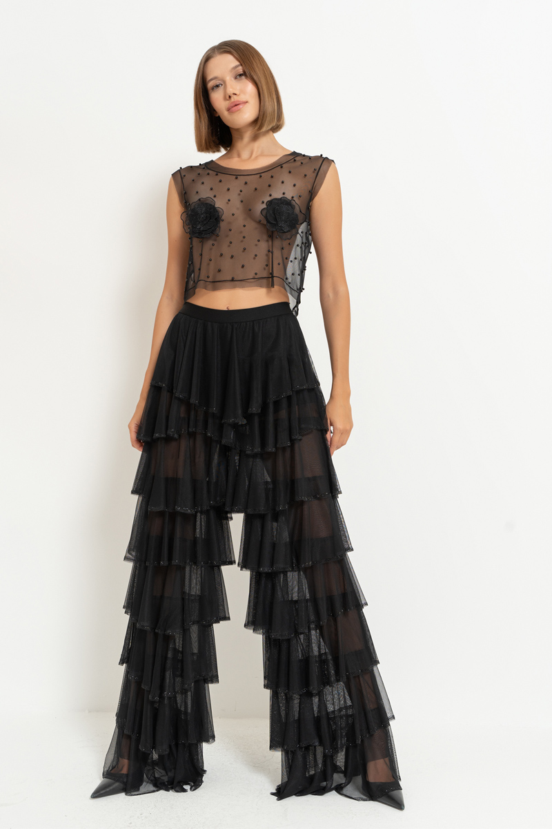 Black Embellished Tiered-Ruffle Pants