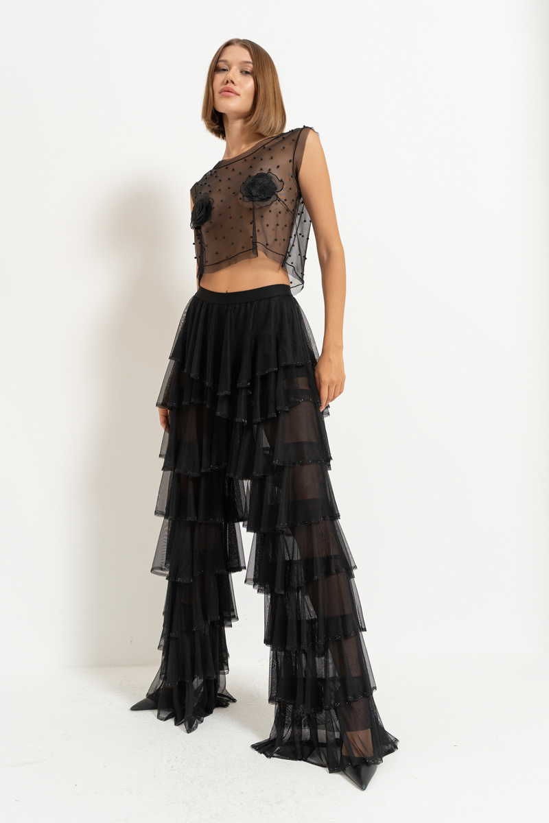 Wholesale Black Embellished Tiered-Ruffle Pants