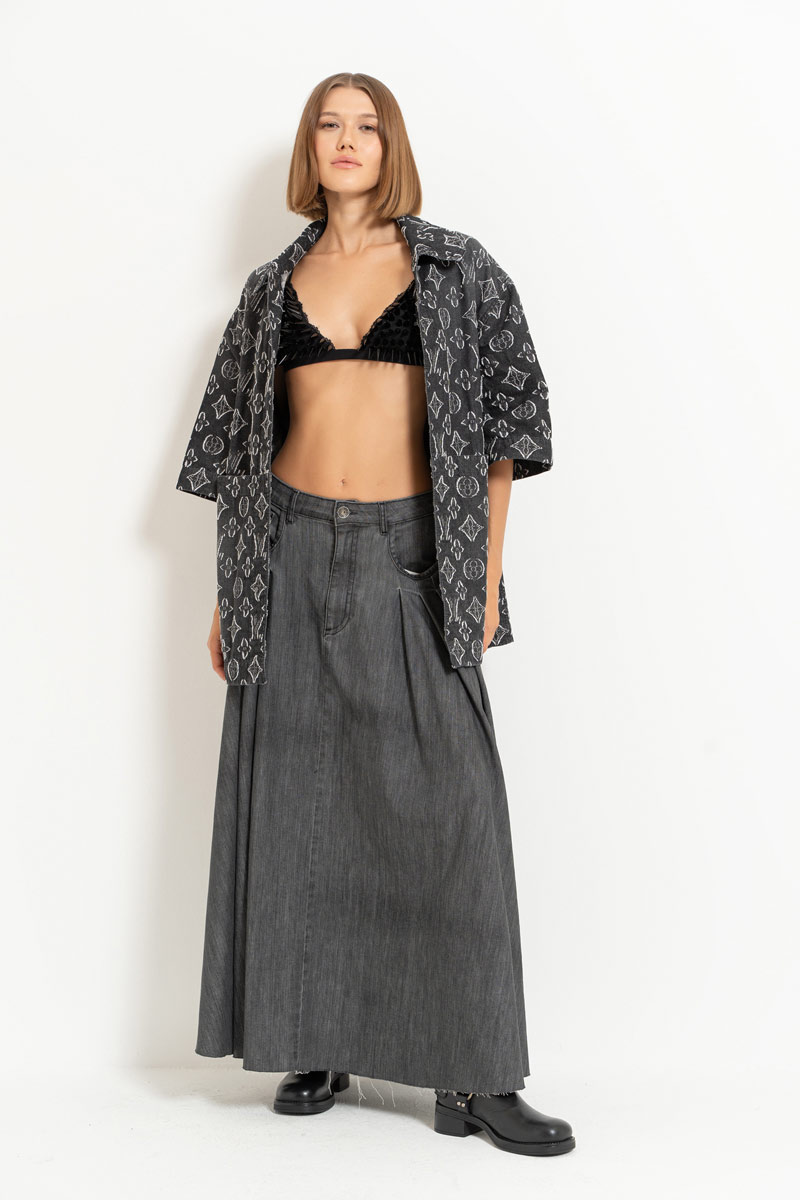 Antrasit Pleated Denim Maxi Skirt