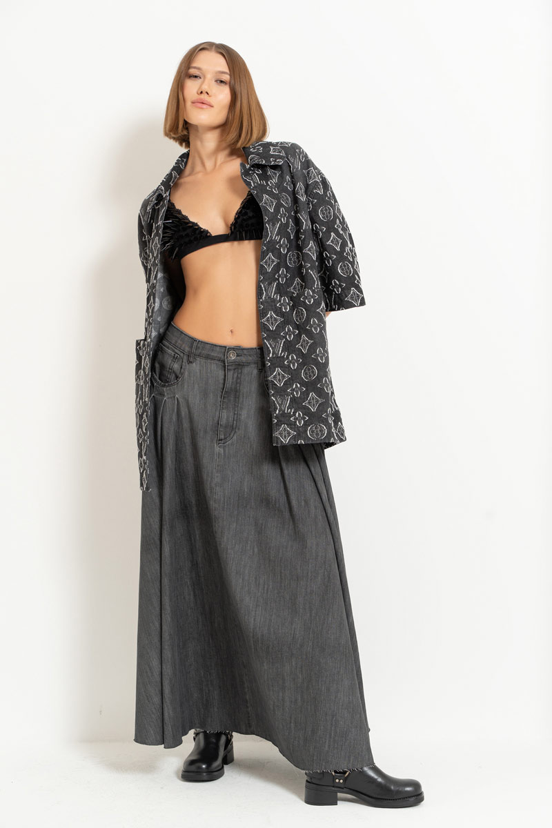 Antrasit Pleated Denim Maxi Skirt