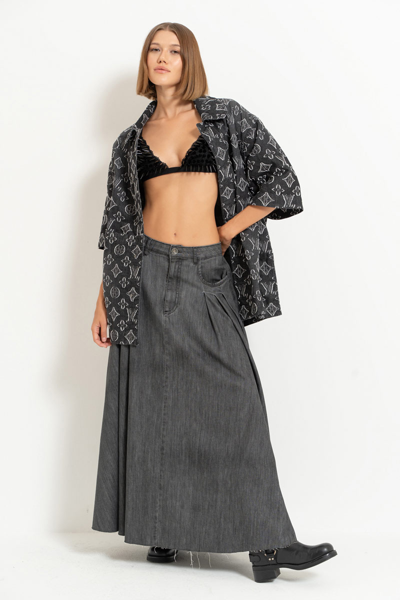 Antrasit Pleated Denim Maxi Skirt